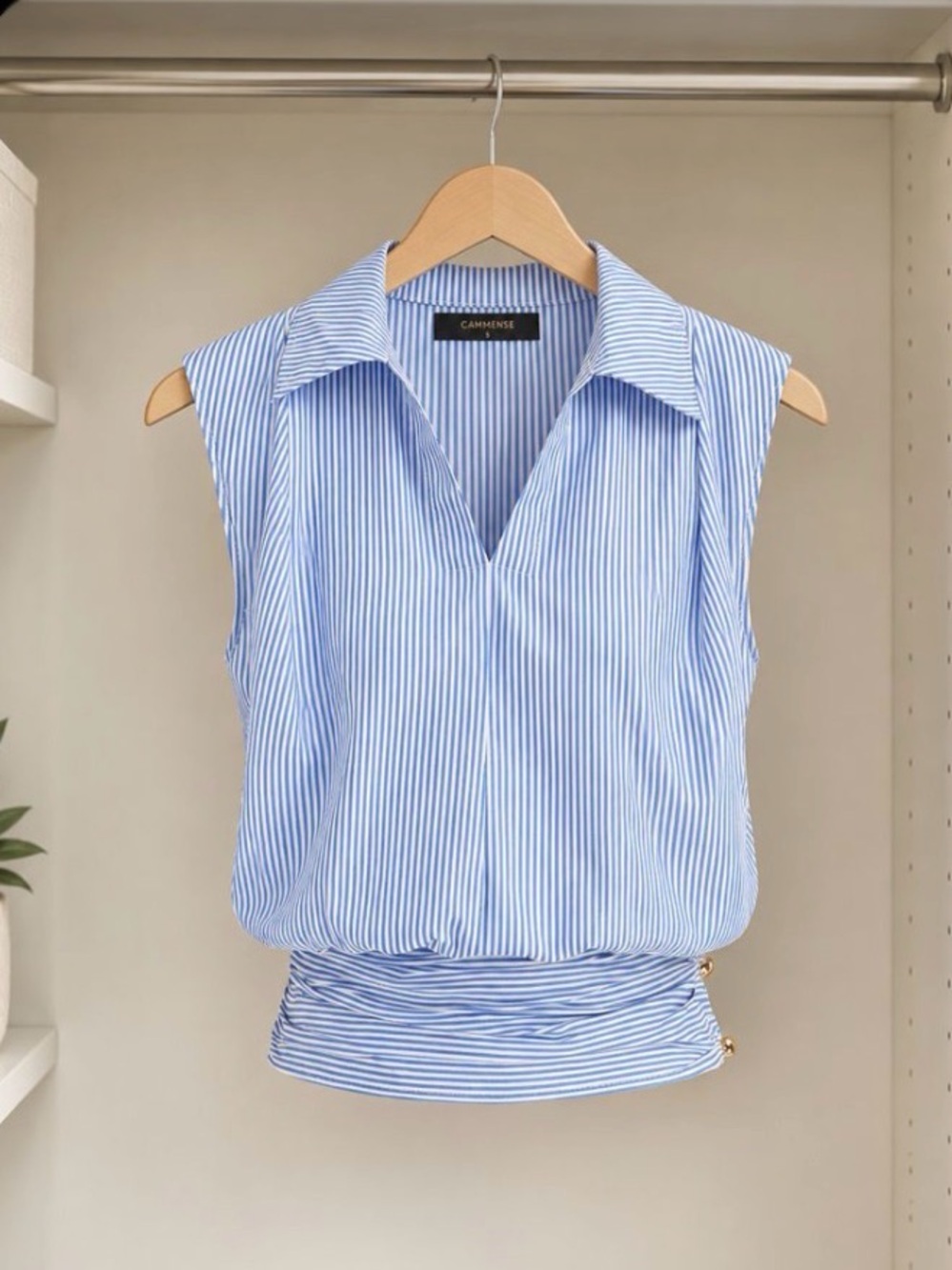 Blue White Striped Sleeveless Blouse Top Medium Collared Ruched NWT